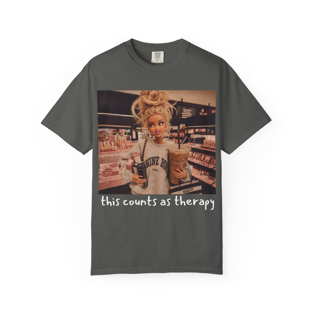 Graphic T-Shirt — "This Counts As Therapy" Shopping Doll Tee